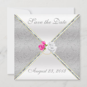 Eleganter SilberDamast und Rosa Rose Save the Date