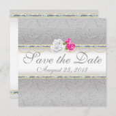 Eleganter SilberDamast und Rosa Rose Save the Date (Vorne/Hinten)