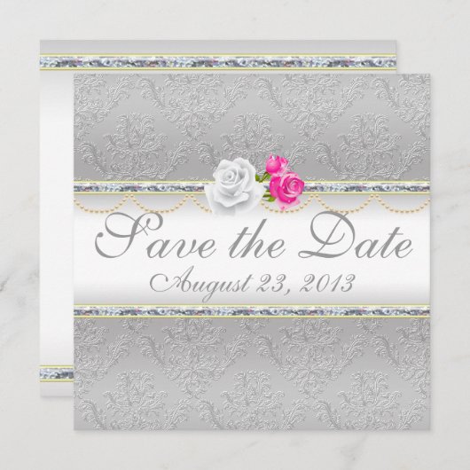Eleganter SilberDamast und Rosa Rose Save the Date (Vorne/Hinten)