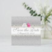 Eleganter SilberDamast und Rosa Rose Save the Date (Stehend Vorderseite)