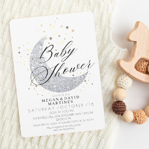 Eleganter Silbermond Goldstar Babydusche Einladung