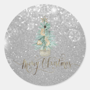 Eleganter silberner Bokeh-Wasserfarben-Weihnachtsb Runder Aufkleber