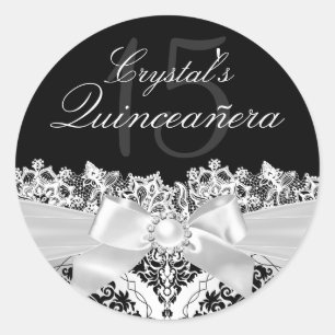 Eleganter silberner Damast & Schleifen-Quinceanera Runder Aufkleber