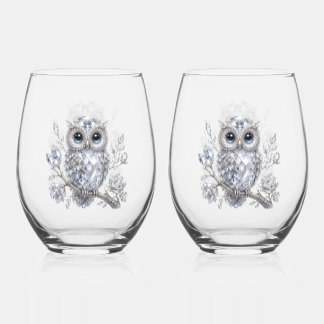 Eleganter silberner Eulen-Botanik-Magie-Nacht-Deko Weinglas Ohne Stiel