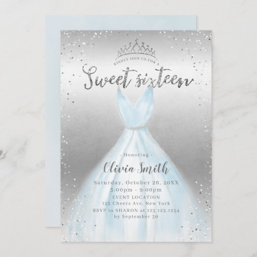 Eleganter silberner Glitzer Blau Kleid süß 16 Einladung (Vorne/Hinten)