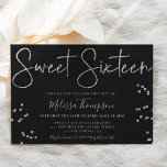 Eleganter silberner Glitzer Drehbuch Schwarz Sweet Einladung<br><div class="desc">Eine schicke,  moderne und elegante Silber-Glitzer-Schrift Typografie 16 . Geburtstag Geburtstagsfeier Einladung mit Glitzer funkeln Konfetti auf bearbeitbarem Schwarz und ein glitzerndes silbernes Hintergrund auf der Rückseite. Ein luxuriöses und elegantes 16 . Geburtstag-Design.</div>