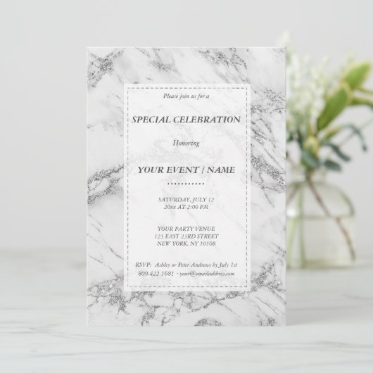 Eleganter, silberner Glitzer Einladung (Stehend Vorderseite)