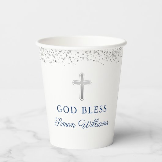 Eleganter Silberner Glitzer Erste Heilige Kommune Pappbecher (Rückseite)
