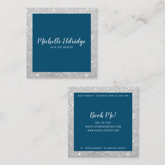 Eleganter silberner Glitzer Haar Make-up blau Quadratische Visitenkarte (Vorne/Hinten)