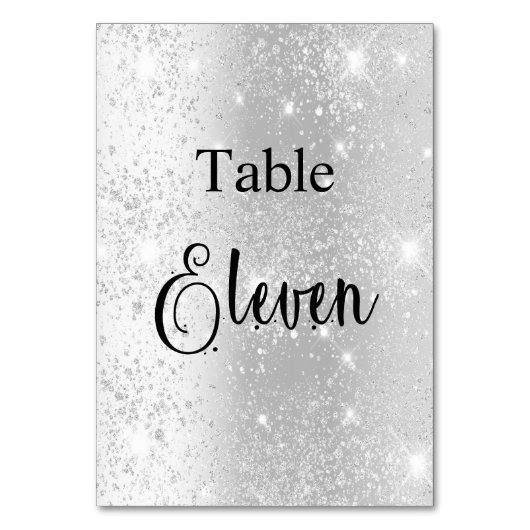 Eleganter silberner Glitzer-Kalligrafiestabelle el Tischnummer (Vorderseite)