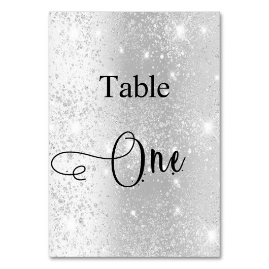 Eleganter silberner Glitzer-Kalligrafiestabelle Tischnummer (Rückseite)