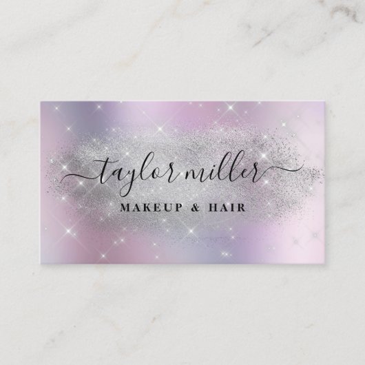 Eleganter silberner Glitzer-Make-up & haar metalli Visitenkarte (Vorderseite)