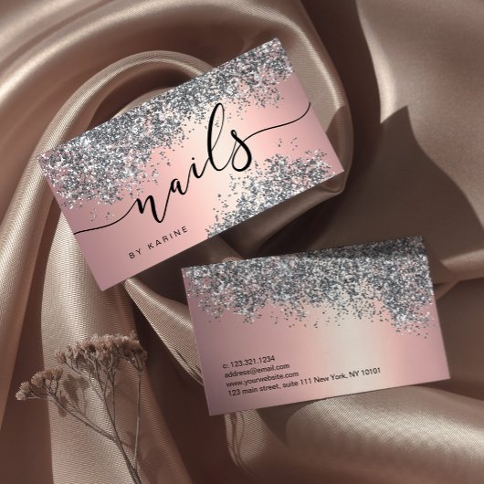 Eleganter silberner Glitzer Metallnägel Visitenkarte