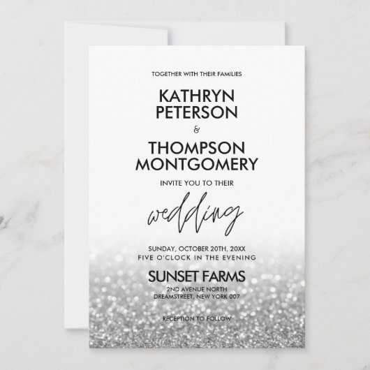 Eleganter Silberner Glitzer Trendy Wedding Einladu Einladung (Vorderseite)