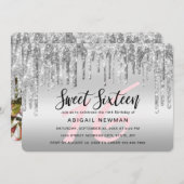 Eleganter silberner Glitzer Tropfen 16 . Geburtsta Einladung (Vorne/Hinten)