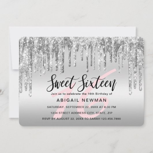 Eleganter silberner Glitzer Tropfen 16 . Geburtsta Einladung (Vorderseite)