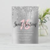 Eleganter silberner Glitzer Tropfen 16 . Geburtsta Einladung (Stehend Vorderseite)