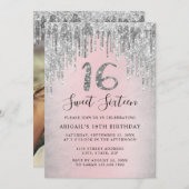 Eleganter silberner Glitzer Tropfen 16 . Geburtsta Einladung (Vorne/Hinten)