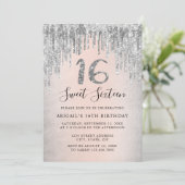 Eleganter silberner Glitzer Tropfen 16 . Geburtsta Einladung (Stehend Vorderseite)