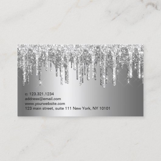 Eleganter, silberner Glitzer-Tropfen Visitenkarte (Rückseite)