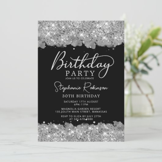 Eleganter Silberner Glitzer und Schwarzer 30. Gebu Einladung (Stehend Vorderseite)