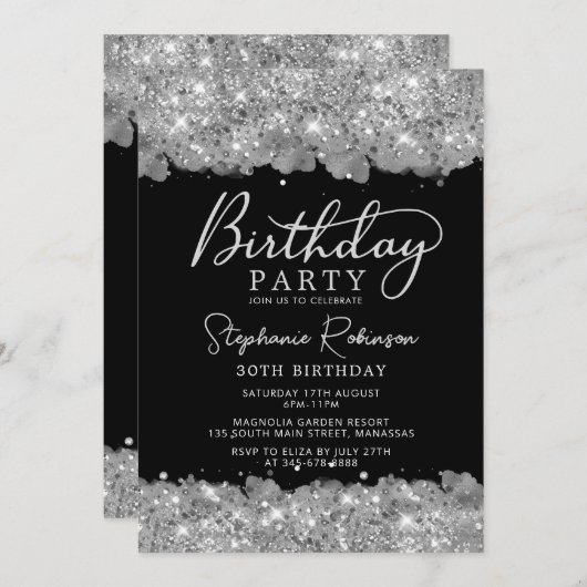 Eleganter Silberner Glitzer und Schwarzer 30. Gebu Einladung (Vorne/Hinten)