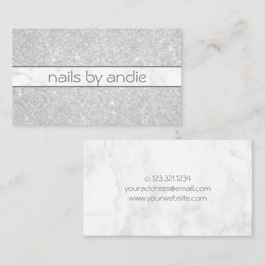 Eleganter, silberner Glitzer, weiße Marmornägel Visitenkarte (Vorne/Hinten)