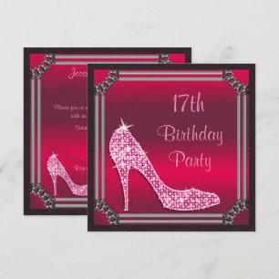 Eleganter silberner Rahmenrosa Stiletto 17. Geburt Einladung