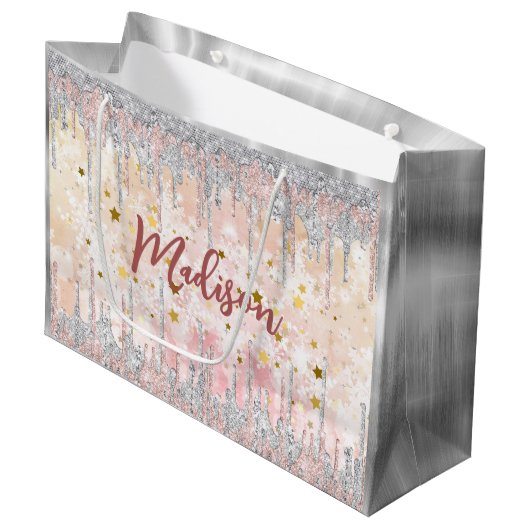 Eleganter silberner Rose tropfender Glitzer Große Geschenktüte (Vorderseite Schrägansicht)