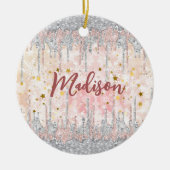 Eleganter silberner Rose tropfender Glitzer Keramik Ornament (Vorne)