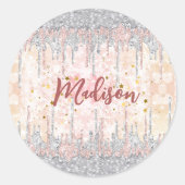 Eleganter silberner Rose tropfender Glitzer Runder Aufkleber (Vorderseite)