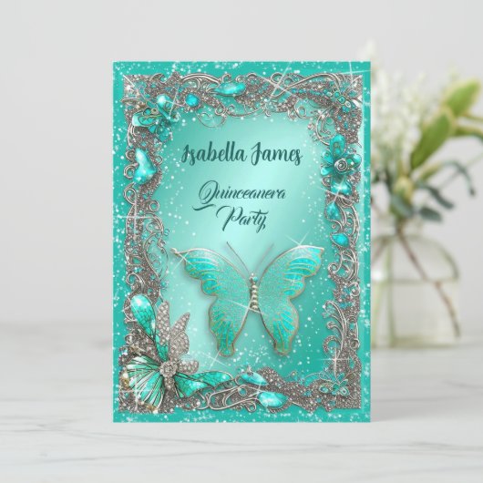 eleganter silberner türkisfarbener Schmuck - Mis 1 Einladung (Stehend Vorderseite)