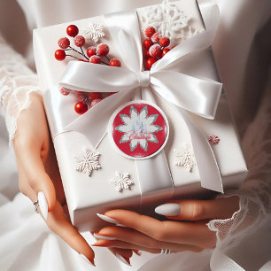 Eleganter Silberschneeflocken roter Rundaufkleber Runder Aufkleber