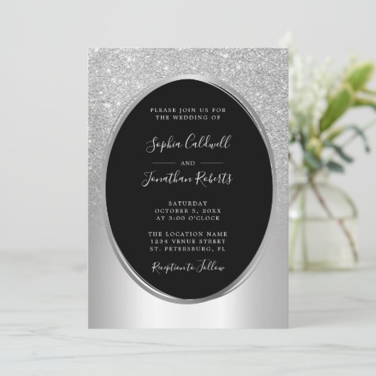 Eleganter Silberstreifen am Glitzer Einladung (Stehend Vorderseite)