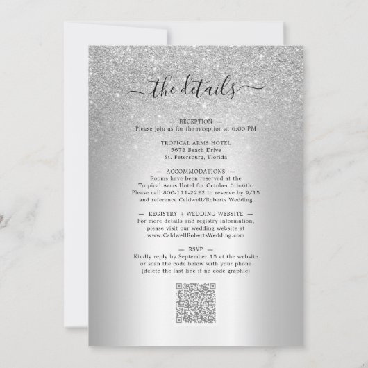 Eleganter Silberstreifen am Glitzer Einladung (Rückseite)