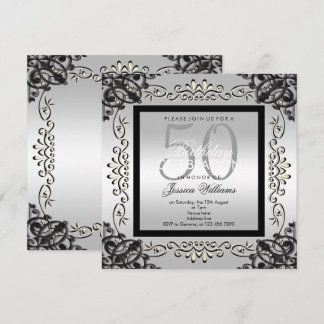 Eleganter Silver & Black Women's 50. Geburtstag Einladung