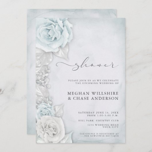 Eleganter Silver Blue Rose Polterabend Einladung (Vorne/Hinten)