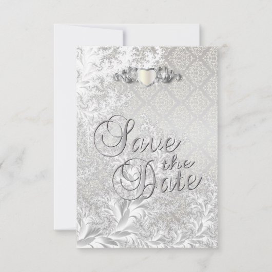 Eleganter Silver Damask Stil Save The Date (Rückseite)