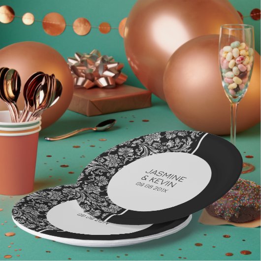 Eleganter Silver Damask und Schwarzer Trennbildsch Pappteller (Multi)