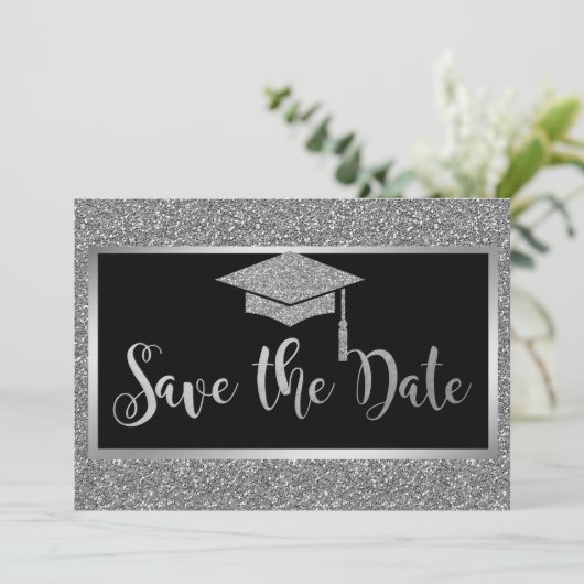 Eleganter Silver Glitzer Abschluss Save the Date (Stehend Vorderseite)