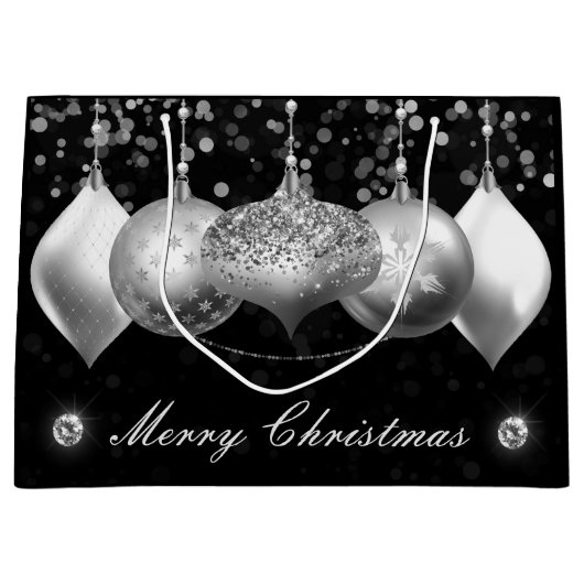 Eleganter Silver Glitzer Baubles Frohe Weihnachten Große Geschenktüte (Vorderseite)