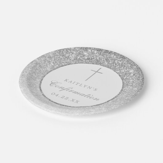Eleganter Silver Glitzer Bestätigung oder Taufe Pappteller (Schrägansicht)