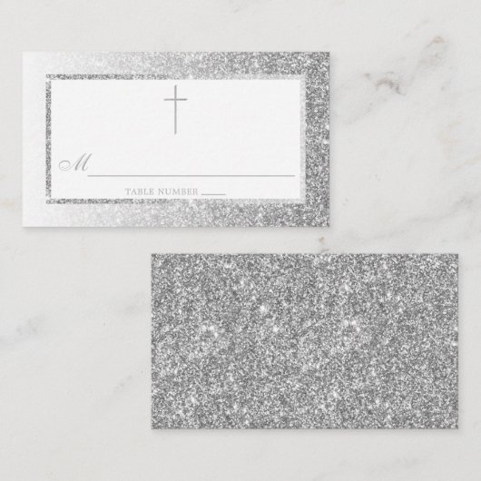 Eleganter Silver Glitzer Bestätigung oder Taufe Platzkarte (Vorne/Hinten)