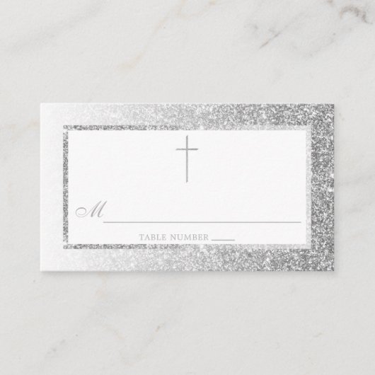 Eleganter Silver Glitzer Bestätigung oder Taufe Platzkarte (Vorderseite)