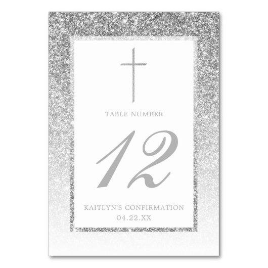 Eleganter Silver Glitzer Bestätigung oder Taufe Tischnummer (Rückseite)