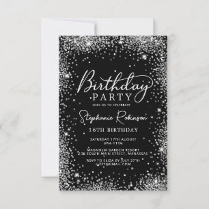 Eleganter Silver Glitzer Black Sweet 16 Geburtstag Einladung