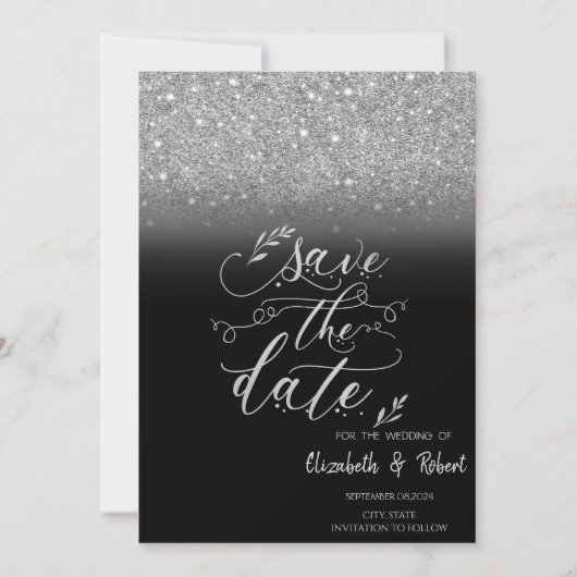 Eleganter Silver Glitzer Bokeh Black Save the Date (Vorderseite)