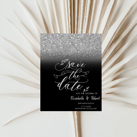Eleganter Silver Glitzer Bokeh Black Save the Date
