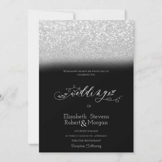 Eleganter Silver Glitzer Bokeh Black Wedding Einladung (Vorderseite)