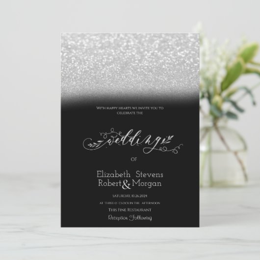 Eleganter Silver Glitzer Bokeh Black Wedding Einladung (Stehend Vorderseite)